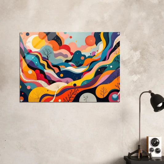 Vivid abstract landscape acrylic print showcasing Psychedelic Landscape Flowstate by PixiOnyx