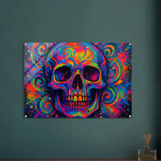 Colorful skull artwork acrylic print titled Psychedelic Skull Eruption by PixiOnyx