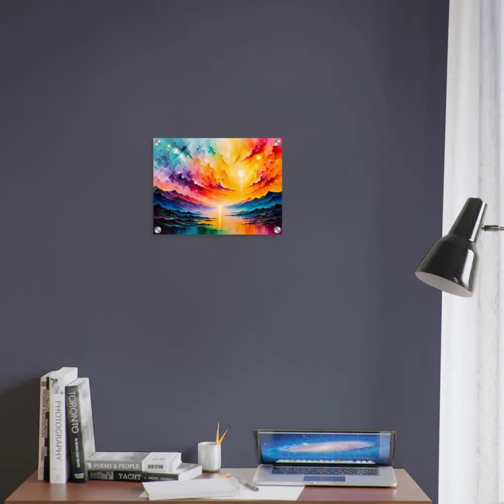 Acrylic print of radiant horizon sunset over mountains with reflective water showcasing striking depth