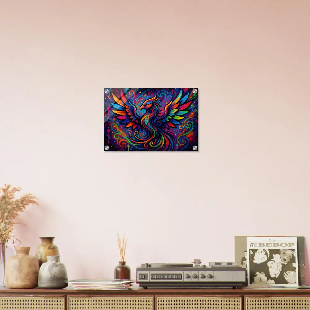 Colorful phoenix wall art acrylic print titled Rebirth in Neon Flame by PixiOnyx