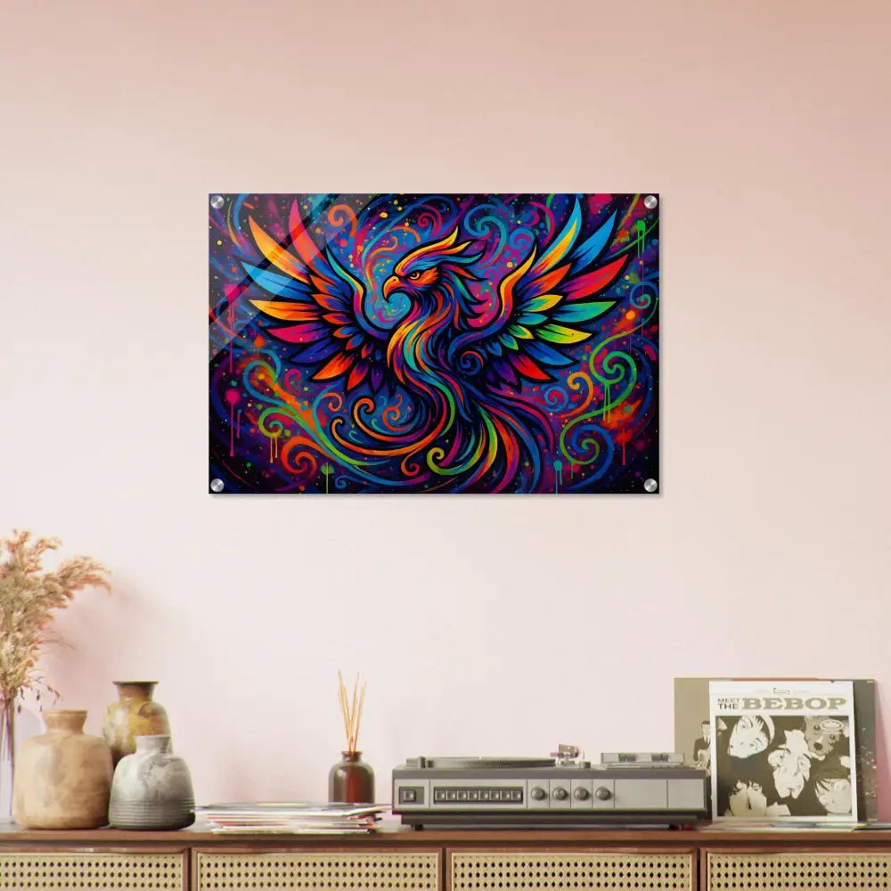 Colorful phoenix artwork on Acrylic Print Rebirth in Neon Flame by PixiOnyx