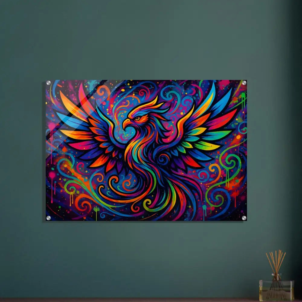 Colorful phoenix wall art acrylic print titled Rebirth in Neon Flame by PixiOnyx
