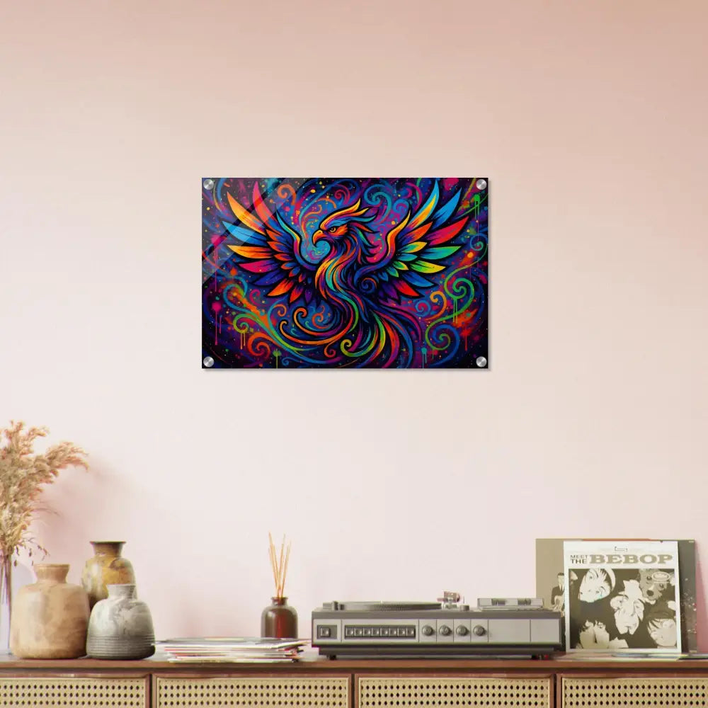 Colorful phoenix wall art acrylic print titled Rebirth in Neon Flame by PixiOnyx
