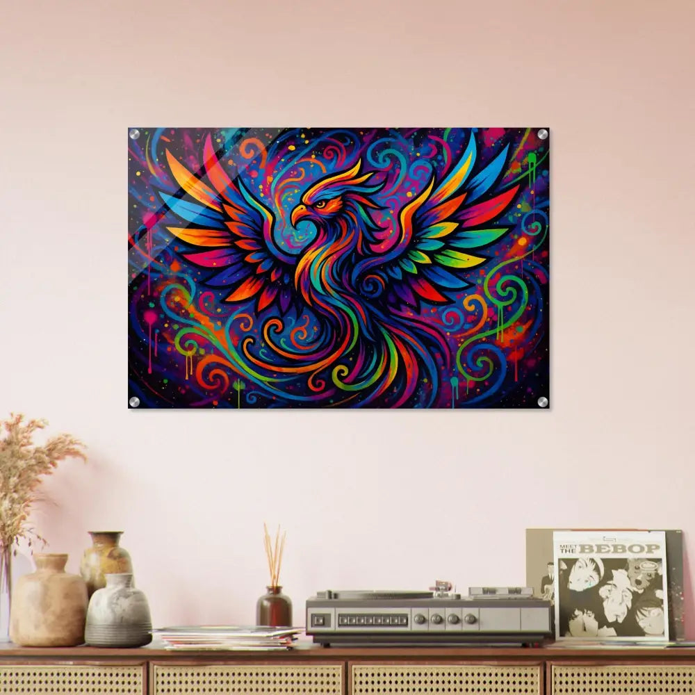 Colorful phoenix wall art acrylic print titled Rebirth in Neon Flame by PixiOnyx