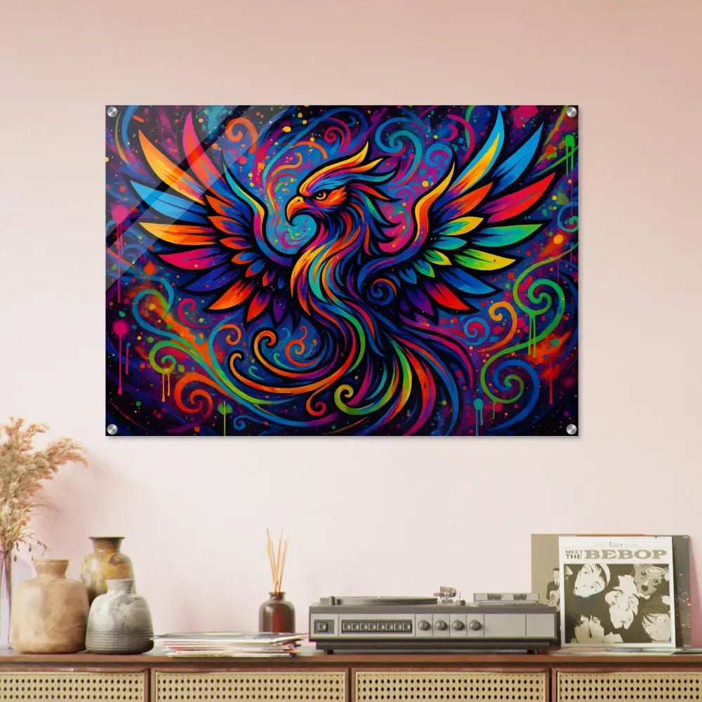 Colorful Phoenix Wall Art Acrylic Print Rebirth Neon Flame PixiOnyx Psychedelic Graffiti