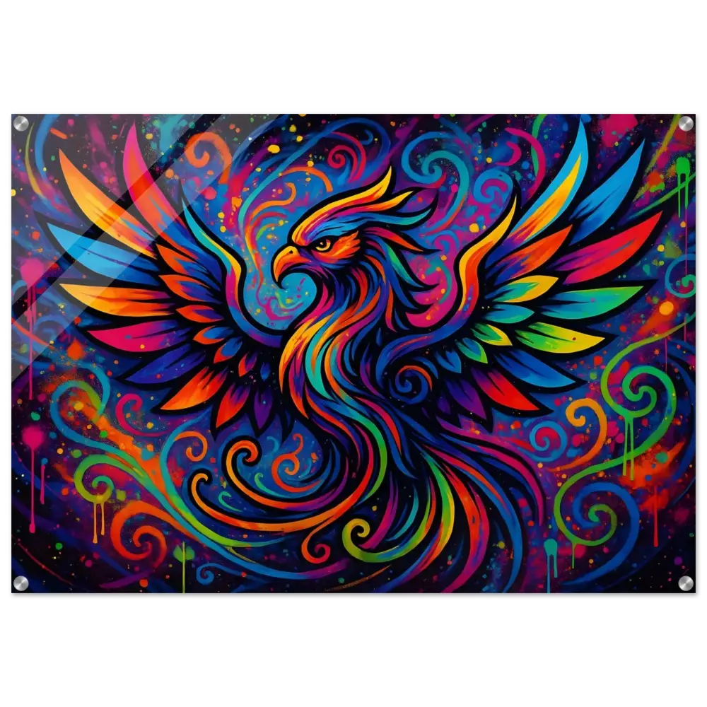 Colorful phoenix artwork on Neon Flame acrylic print by PixiOnyx Abstract Psychedelic Graffiti Shine