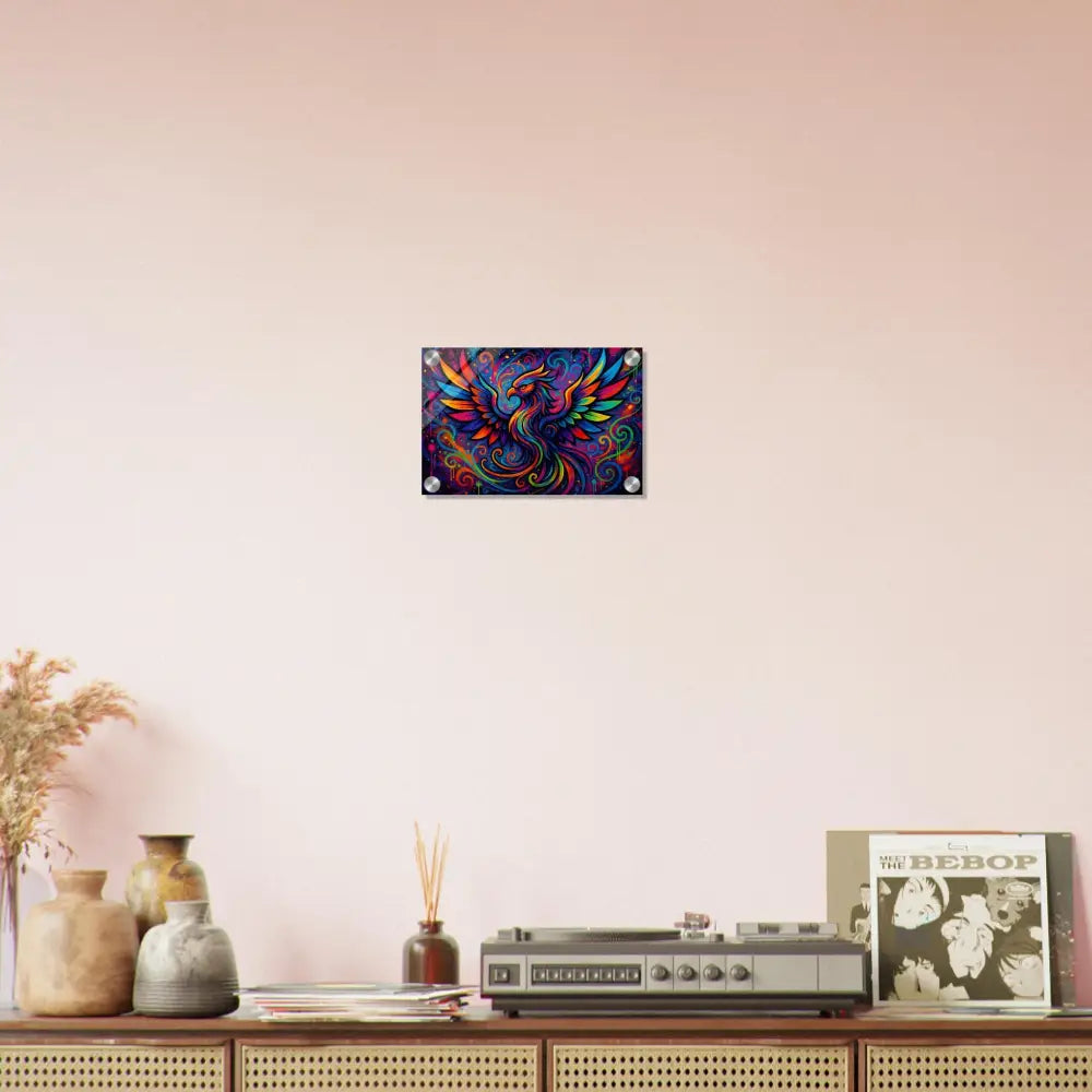 Colorful phoenix wall art acrylic print titled Rebirth in Neon Flame by PixiOnyx