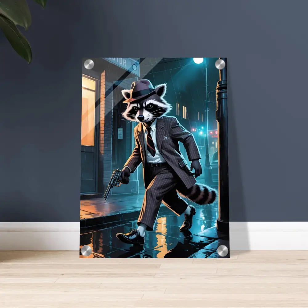 Acrylic print of Rogue Raccoon gangster art in Noir Alley Swagger style