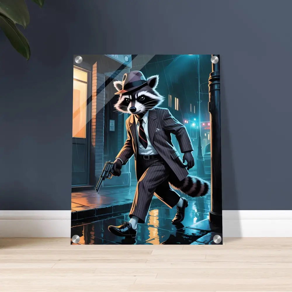 Raccoon gangster art print on acrylic titled Rogue Raccoon Noir Alley Swagger by PixiOnyx