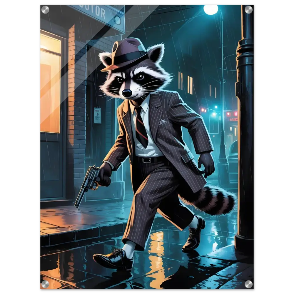 Acrylic print of urban raccoon gangster with noir alley style in PixiOnyx Luxe