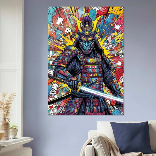 Colorful pop-art style samurai splash with glowing katana acrylic print from PixiOnyx HyperGloss Series