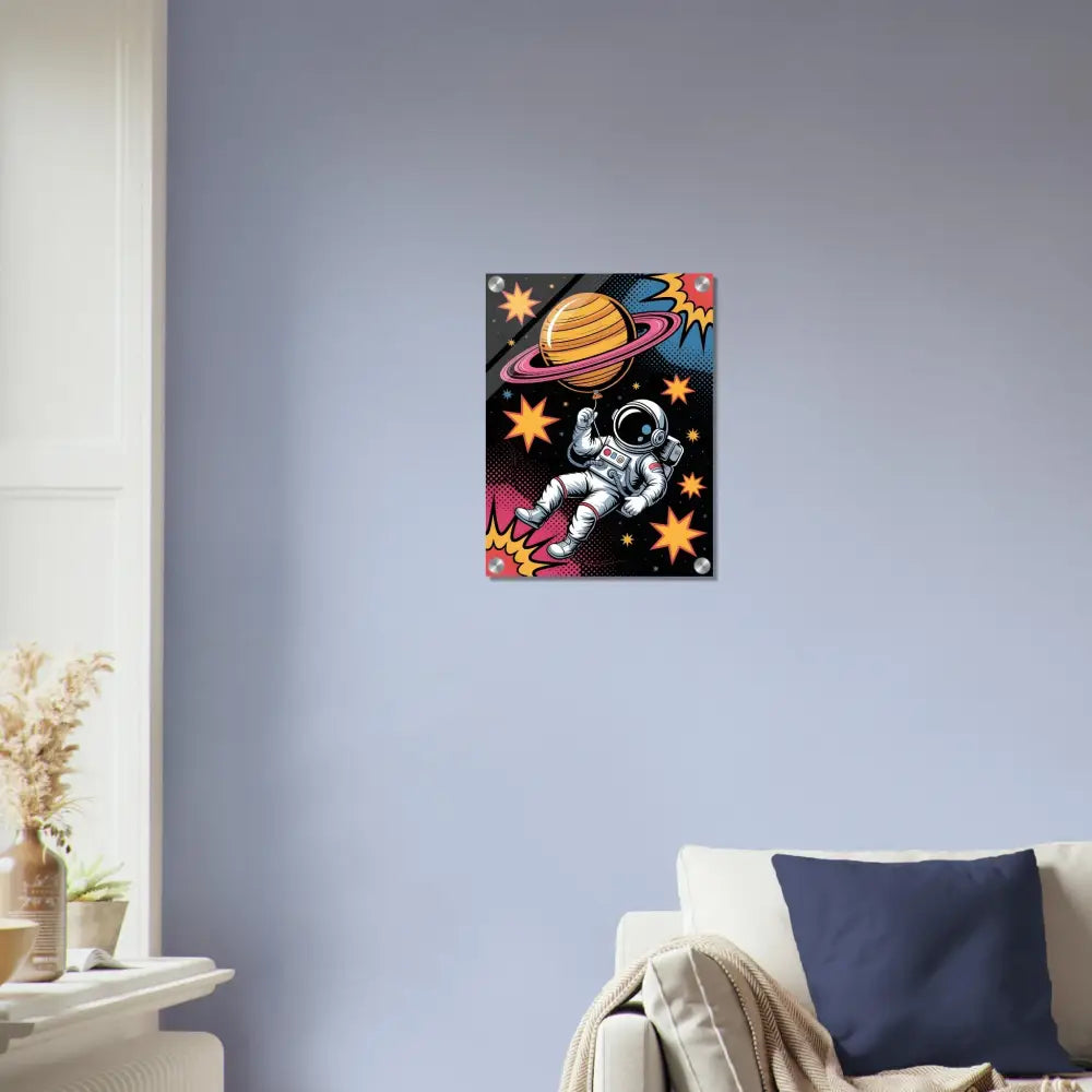 Vibrant acrylic print with astronaut, ringed planet, colorful stars, high impact light-enhancing depth