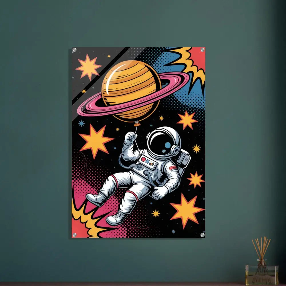 Vibrant pop-art astronaut poster with impact light-enhancing depth and rich contrast in acrylic print