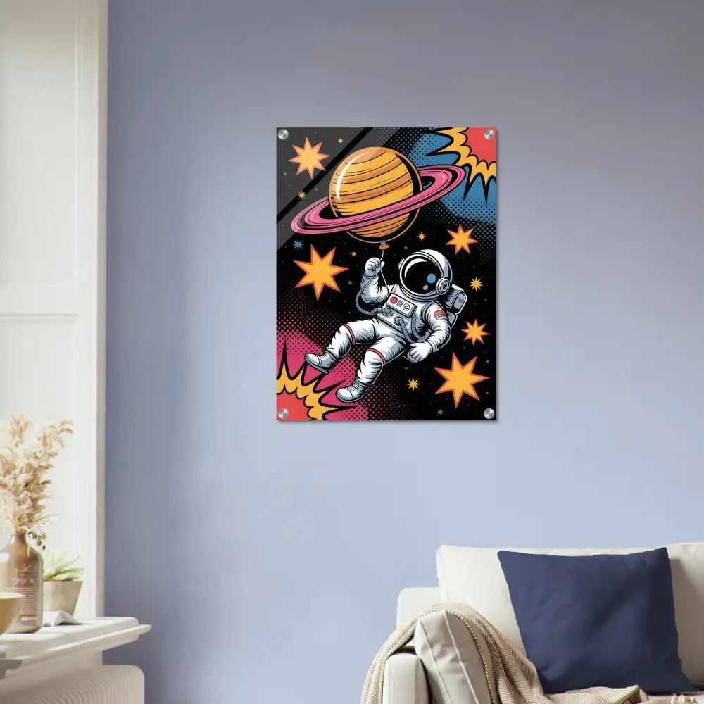 Acrylic wall art with astronaut holding Saturn balloon, high impact light-enhancing depth