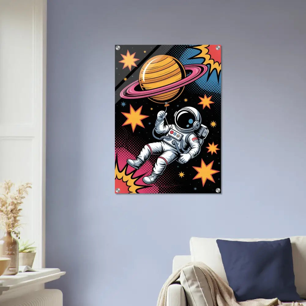 Pop art astronaut holding Saturn balloon showcasing impact light-enhancing depth and rich contrast