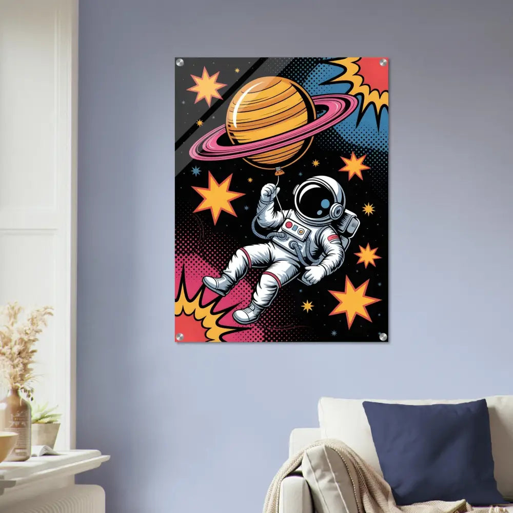 Acrylic print of an astronaut holding a planet balloon with high impact light-enhancing depth and rich contrast