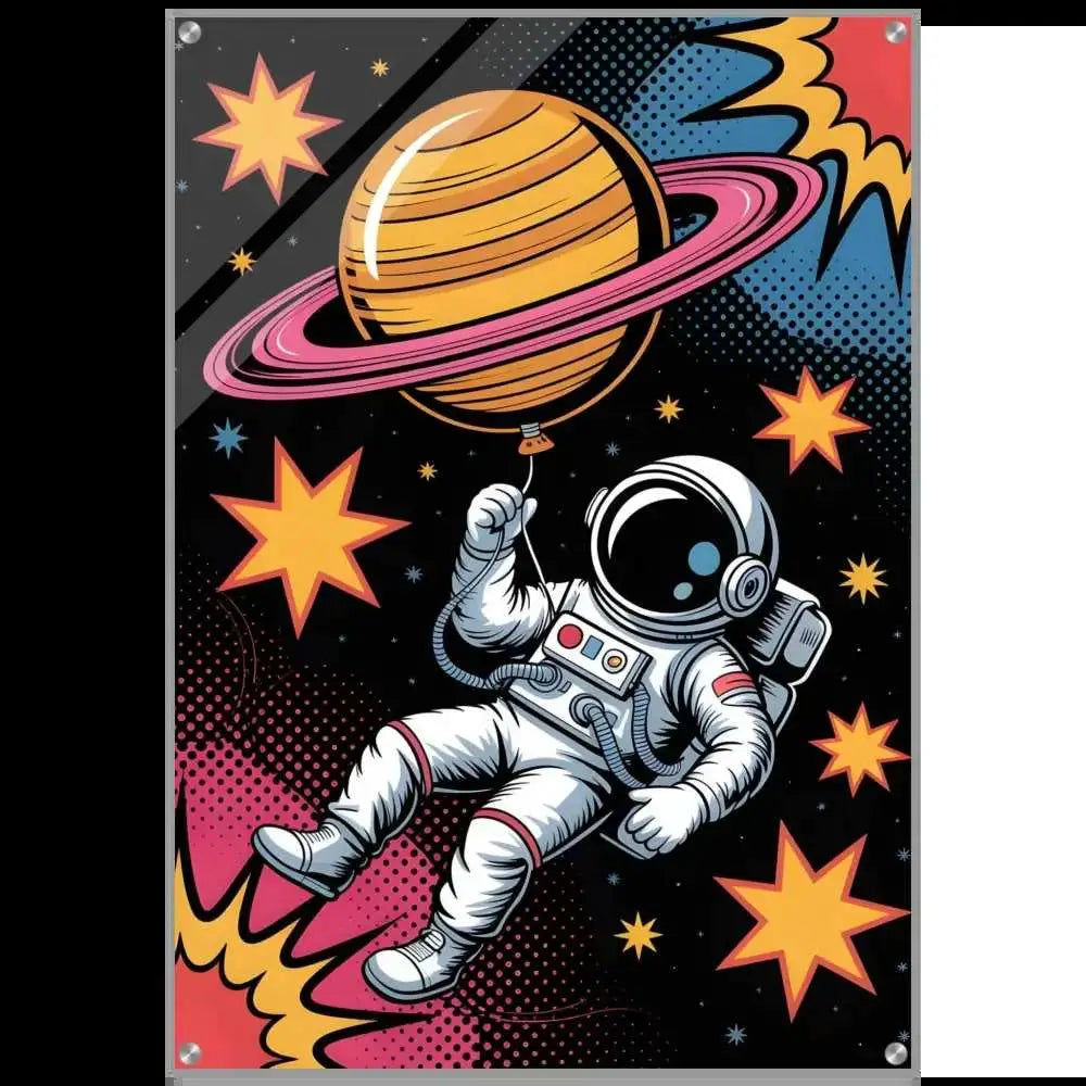 Pop art astronaut holding Saturn balloon with high impact light-enhancing depth and rich contrast