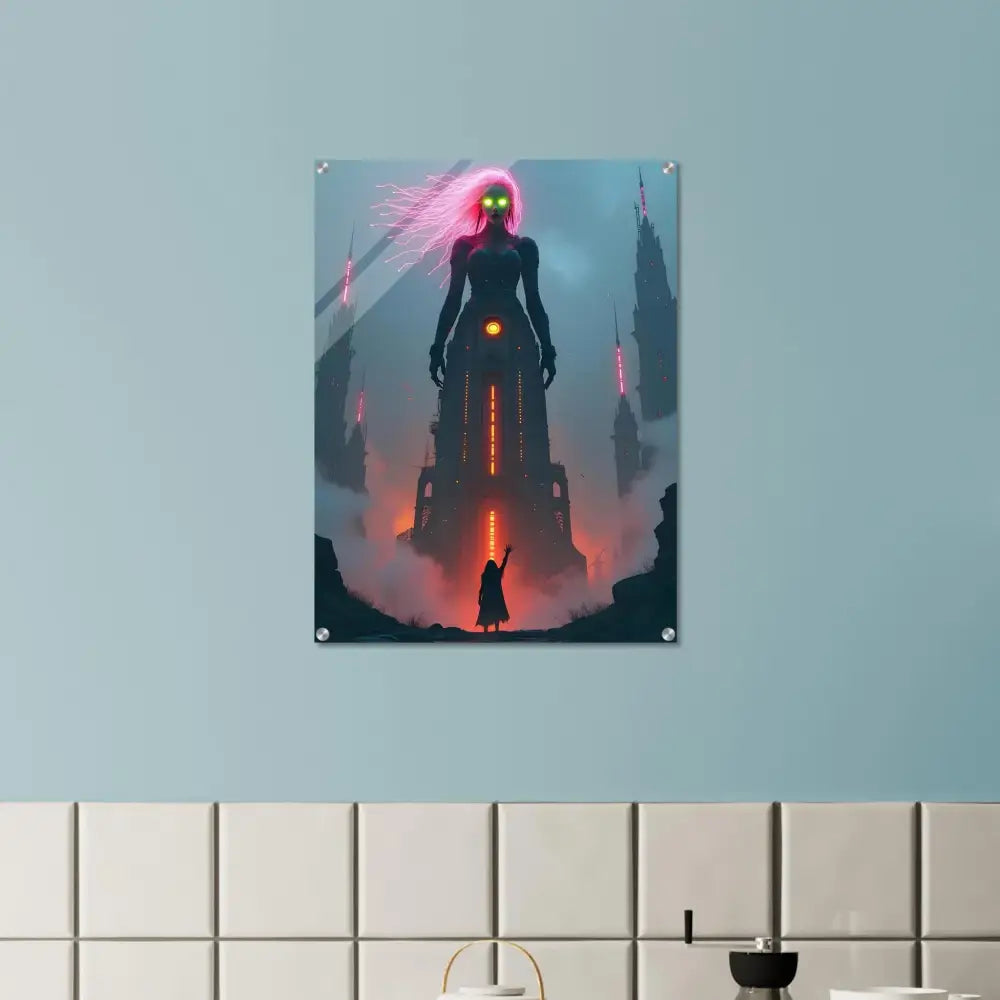 Fantasy art print displayed on PixiOnyx Futurist Crystal Acrylic Display