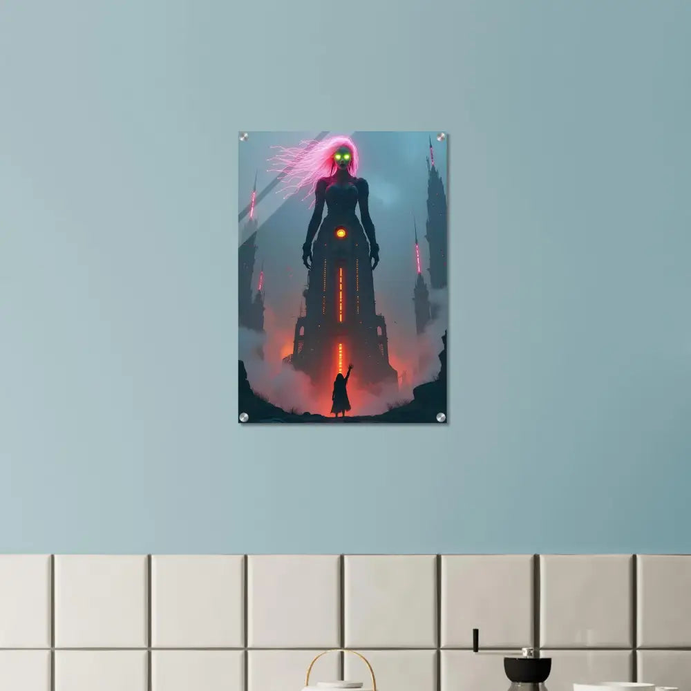 Fantasy art print displayed on acrylic stand in PixiOnyx Futurist Crystal Display