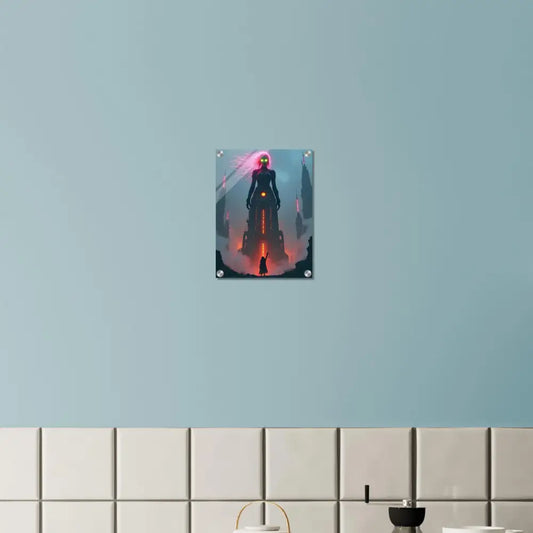 Framed futuristic sci-fi figure displayed on PixiOnyx Futurist Crystal Acrylic Print