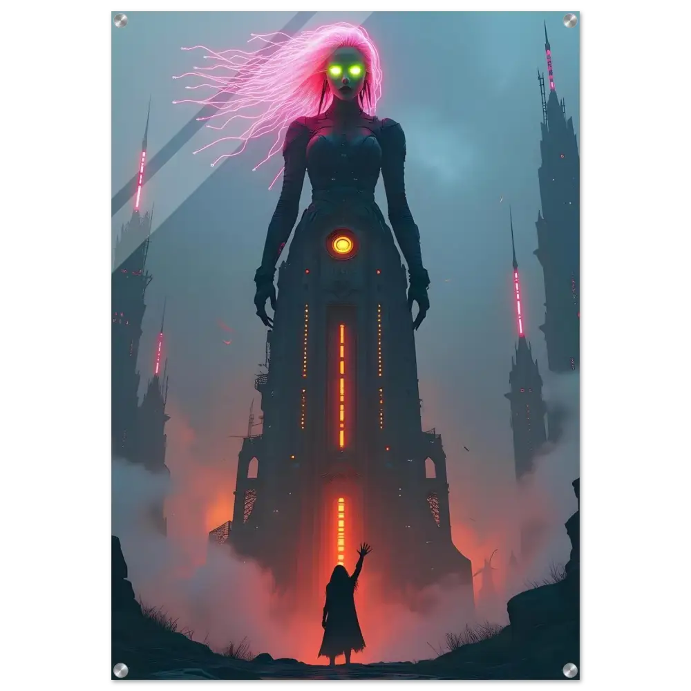Glowing-eyed sci-fi cyborg woman acrylic print PixiOnyx Futurist Crystal Display