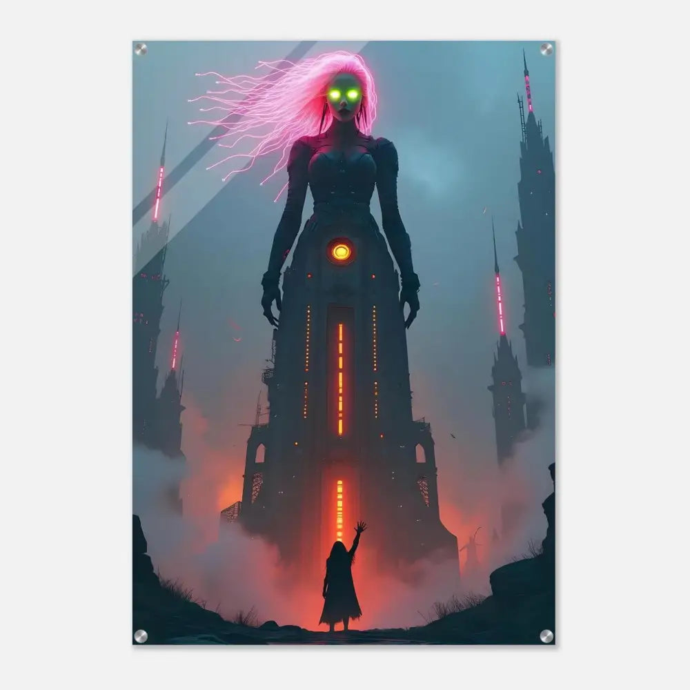 Surreal neon-lit towering figure showcased on PixiOnyx Futurist Crystal Acrylic Print