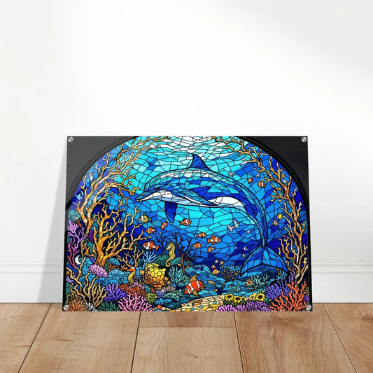 Dolphin stained glass artwork displayed as Acrylic Print Sea Cathedral PixiOnyx Oceanlight Relic