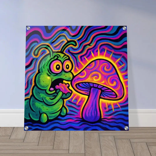 Psychedelic caterpillar and mushroom art on Acrylic Print Shroomapillar Snack Attack PixiOnyx