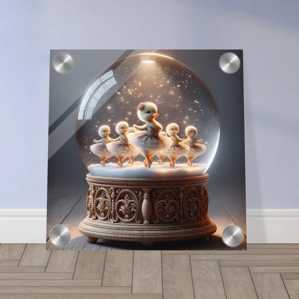 Duckling ballerina snow globe acrylic print, whimsical winter decor by PixiOnyx