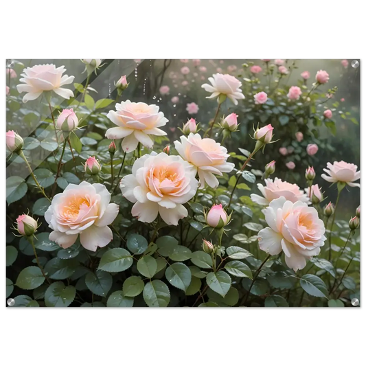 Pale pink roses with green foliage acrylic print titled Soft Petal Symphony by PixiOnyx