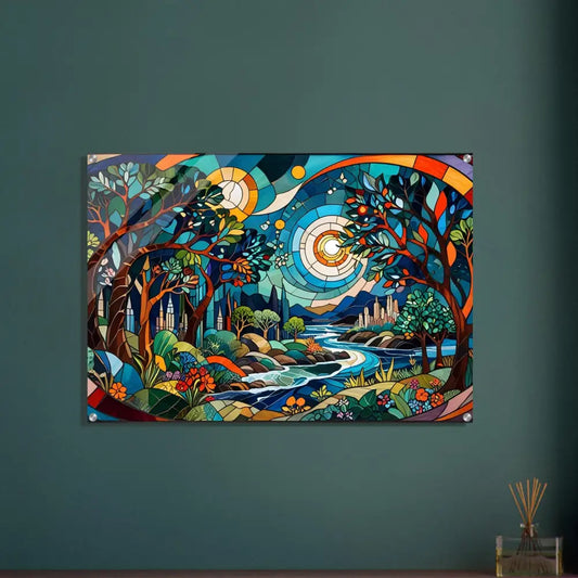 Stained glass landscape artwork acrylic print titled Stained Horizon by PixiOnyx