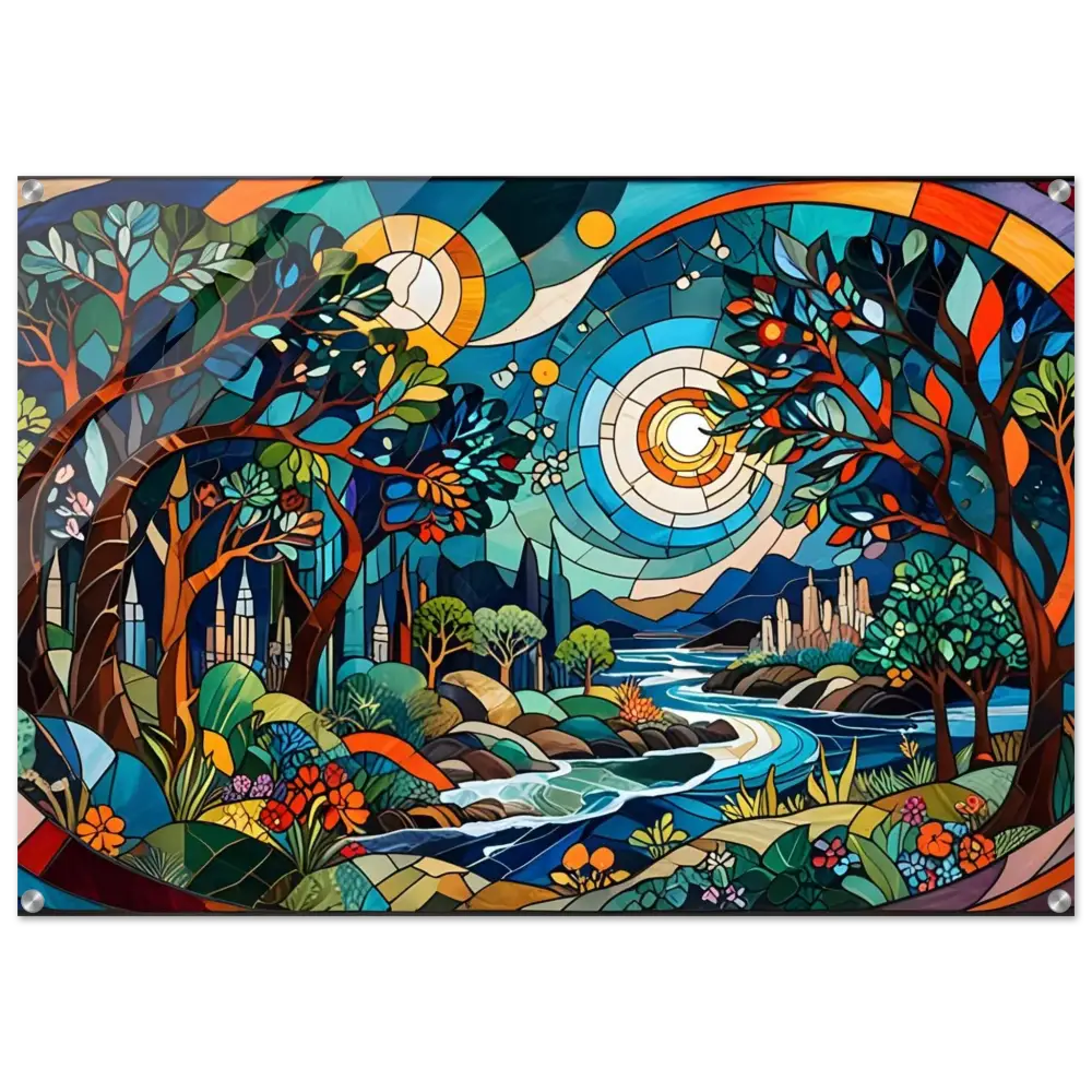 Colorful stained glass landscape acrylic print for psychedelic nature wall art