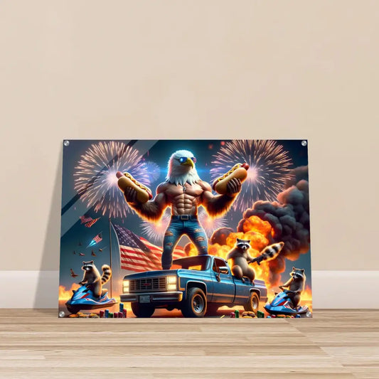 Humorous patriotic wall art acrylic print featuring stars, stripes, and flaming hot dogs