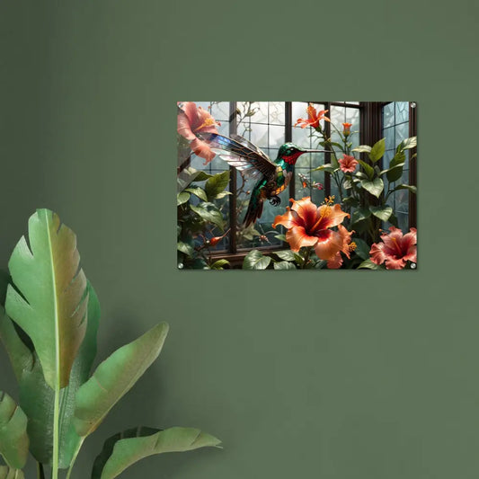 Acrylic Print Steampunk Hummingbird and Hibiscus Floral Art PixiOnyx Botanical Glitchpiece