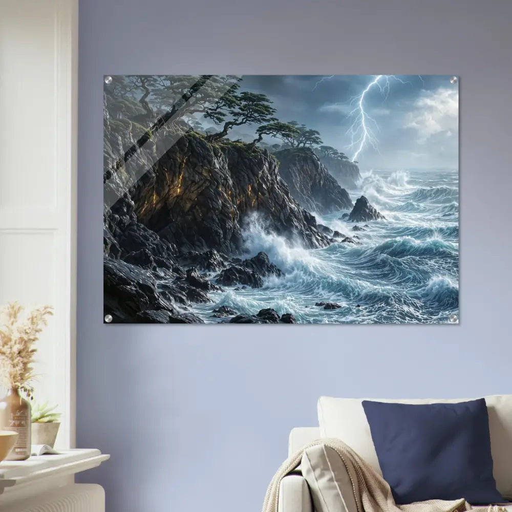 Acrylic print of stormy ocean scene with crashing waves and lightning, offers vibrant PixiOnyx crystal depth