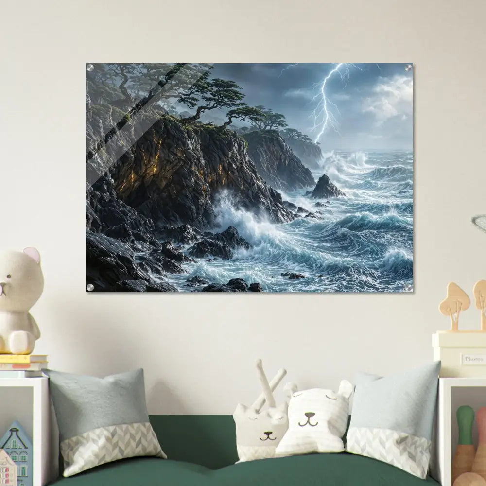 Acrylic print offering vibrant stormy ocean scene with cliffs and lightning by PixiOnyx
