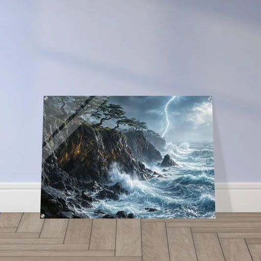 Acrylic print of stormy coastal scene with lightning strike showcasing PixiOnyx crystal depth