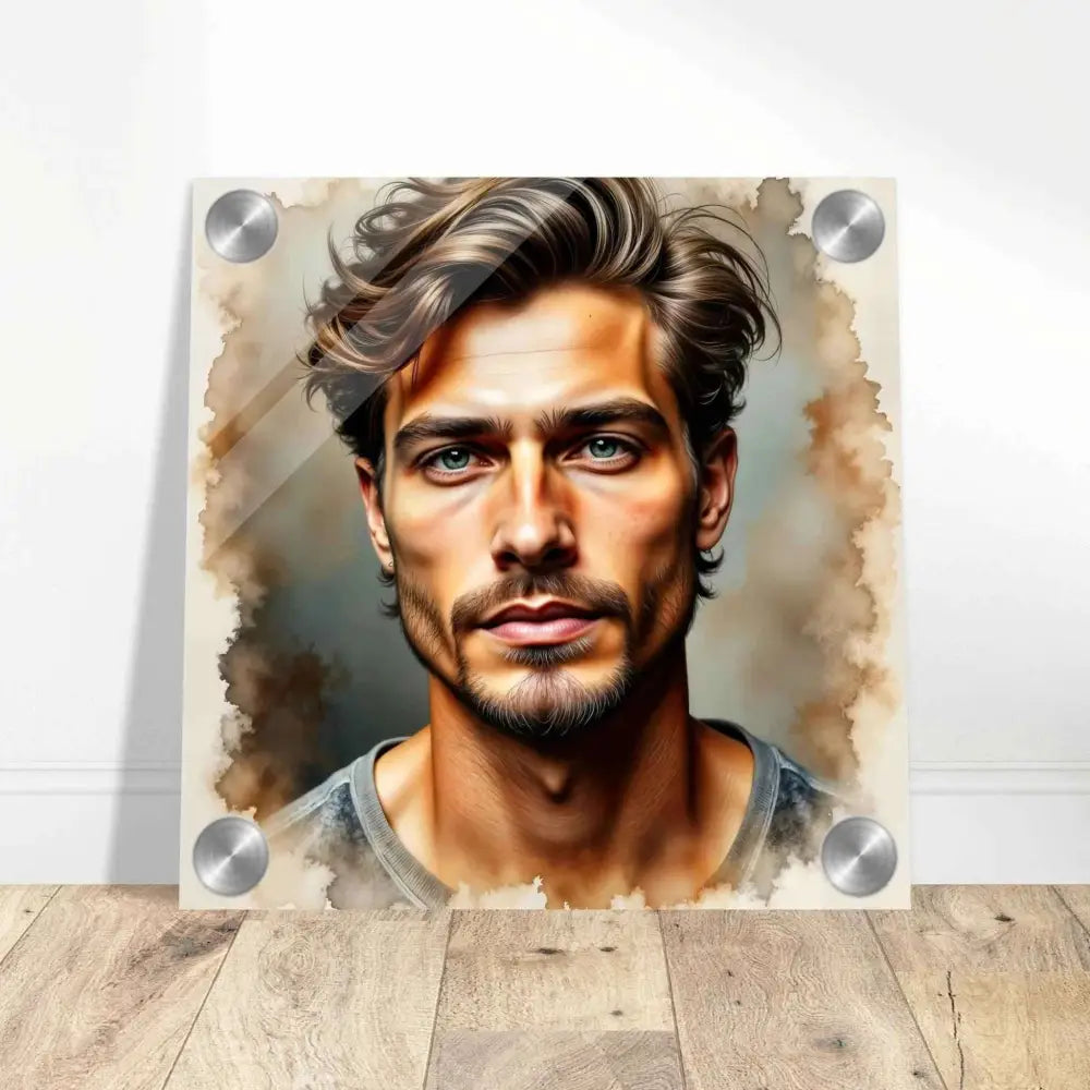 Acrylic print of a man’s portrait with watercolor effect showcasing Stormworn Resolve and PixiOnyx Crystal Depth