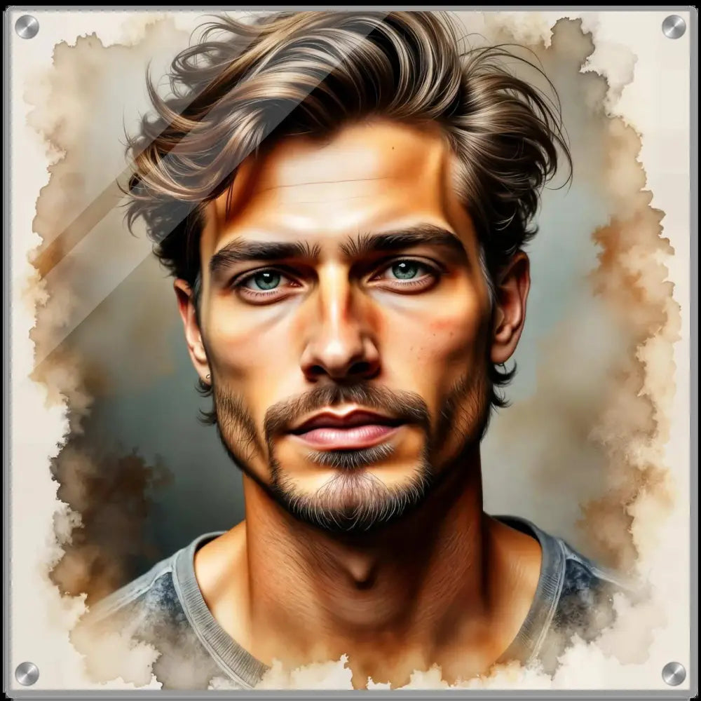 Watercolor-style crystal depth portrait of a man with green eyes and beard for Stormworn Resolve PixiOnyx Crystal Depth