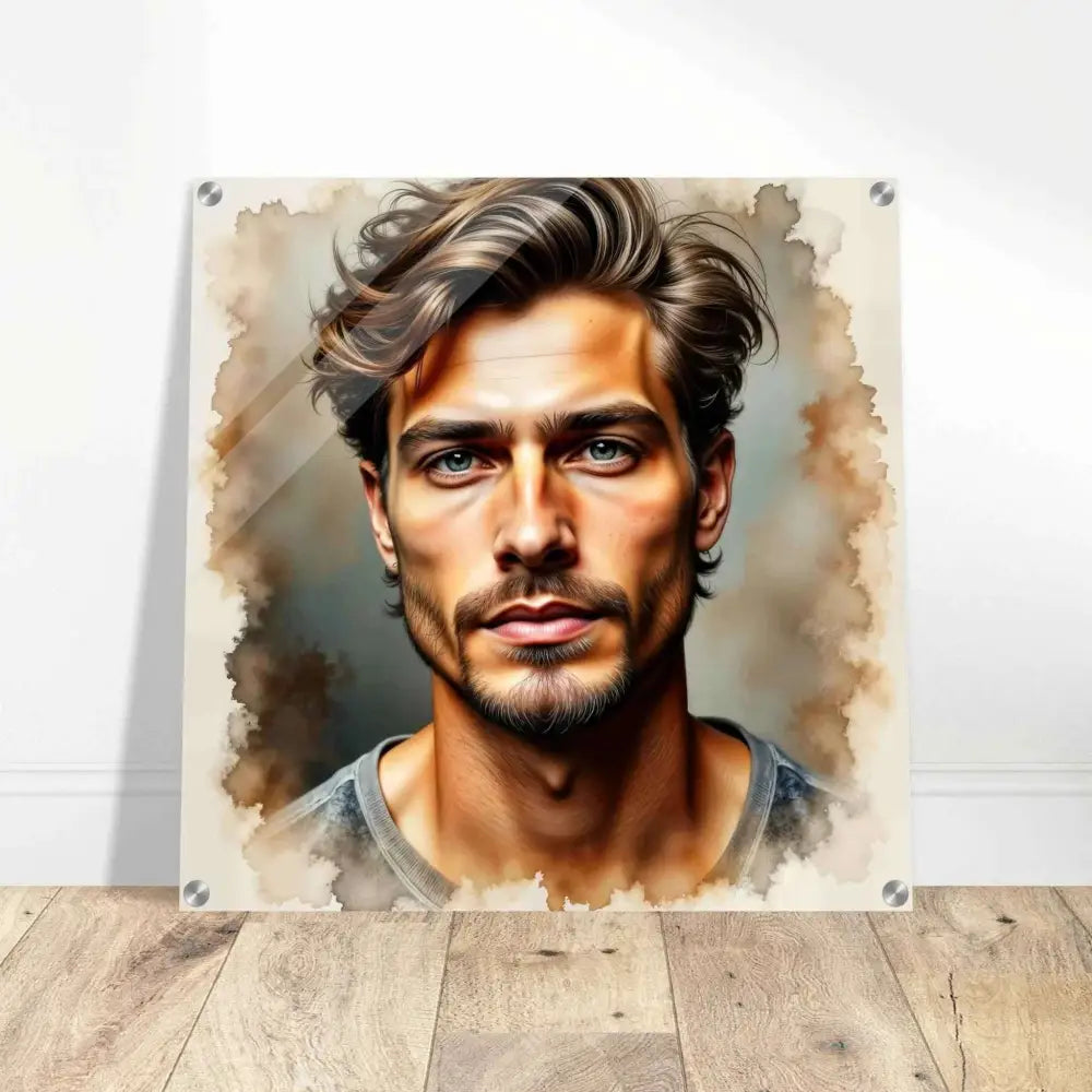 Acrylic print of Stormworn Resolve crystal depth portrait with blue-eyed man and watercolor background
