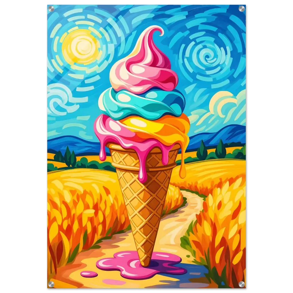 Colorful melting ice cream cone acrylic print from Sunlit Swirl of Pastoral Chaos collection