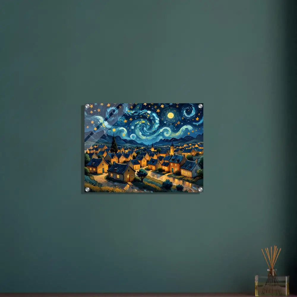Acrylic Print Swirly Sky Village Starry Night style townscape art by PixiOnyx Celestial Crystal