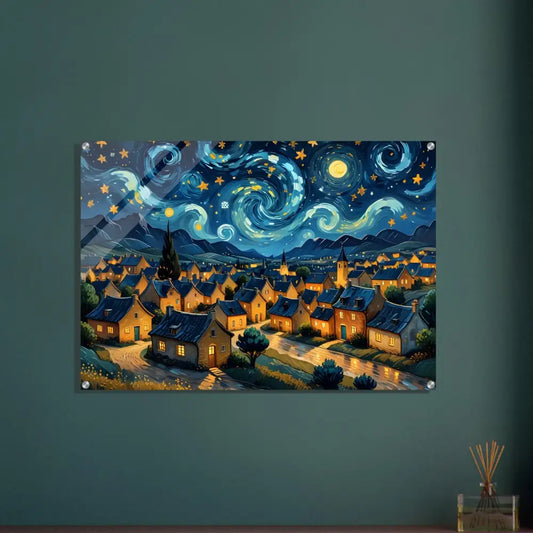 Starry Night inspired wall art acrylic print featuring swirly sky and celestial village design