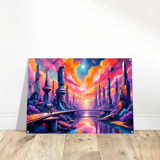 Futuristic skyline erupts in PixiOnyx Utopian Depthscape acrylic print of vibrant cityscape