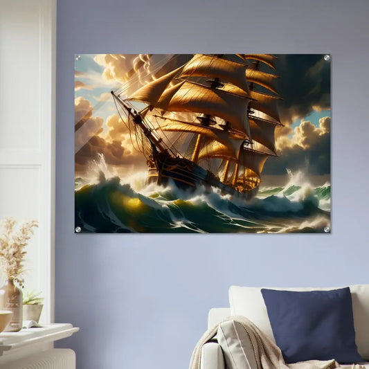 Framed ship painting acrylic print Tempestbound Sovereign PixiOnyx Depth Motion Display