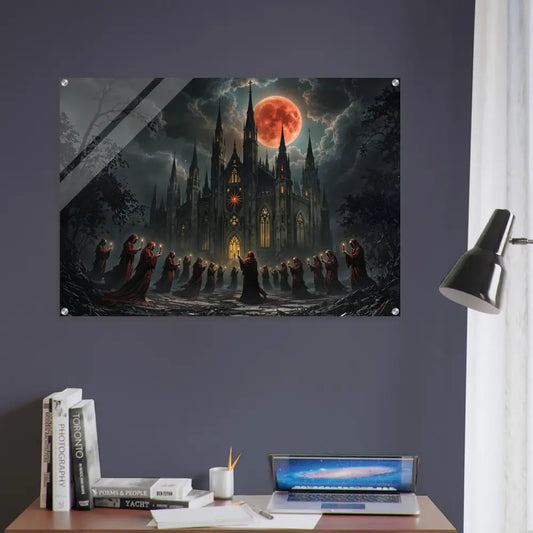 Gothic castle cult scene wall art on Acrylic Print The Crimson Liturgy by PixiOnyx