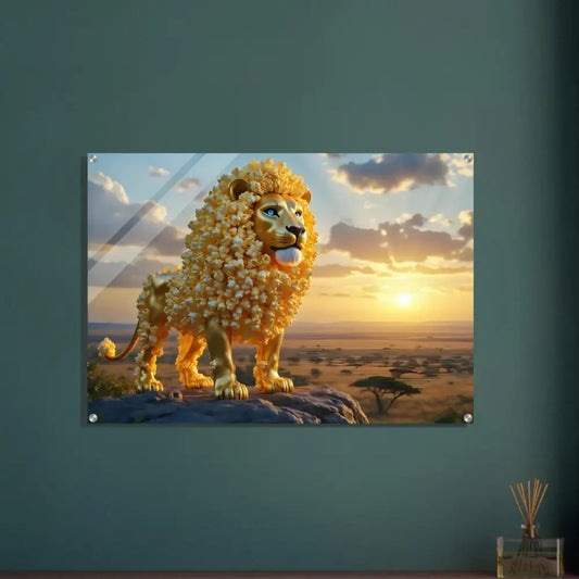 Popcorn-maned golden lion art on Acrylic Print The Golden Kernel King by PixiOnyx