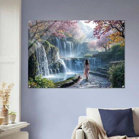 Acrylic print of a waterfall scene wall art titled Waterfall Orchard by PixiOnyx