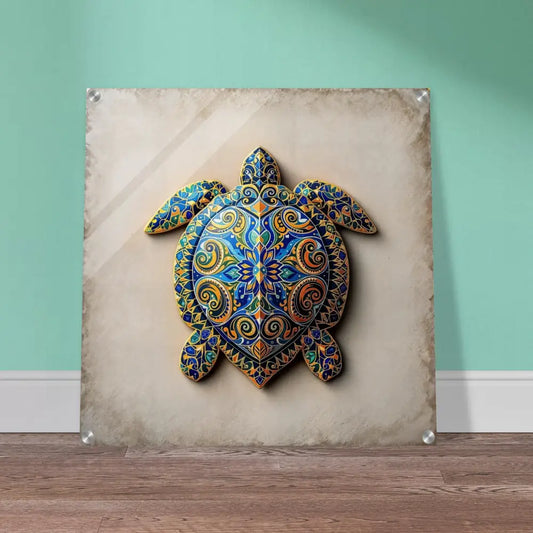 Ornate turtle wall art acrylic print with intricate shell patterns by PixiOnyx