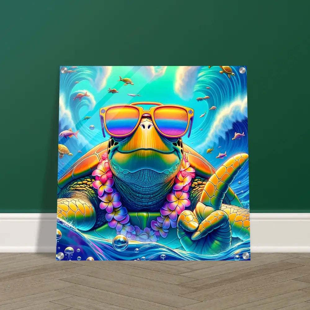Vibrant Turtle Art with Sunglasses and Lei on Acrylic Print Turtle-y Misunderstood Bro